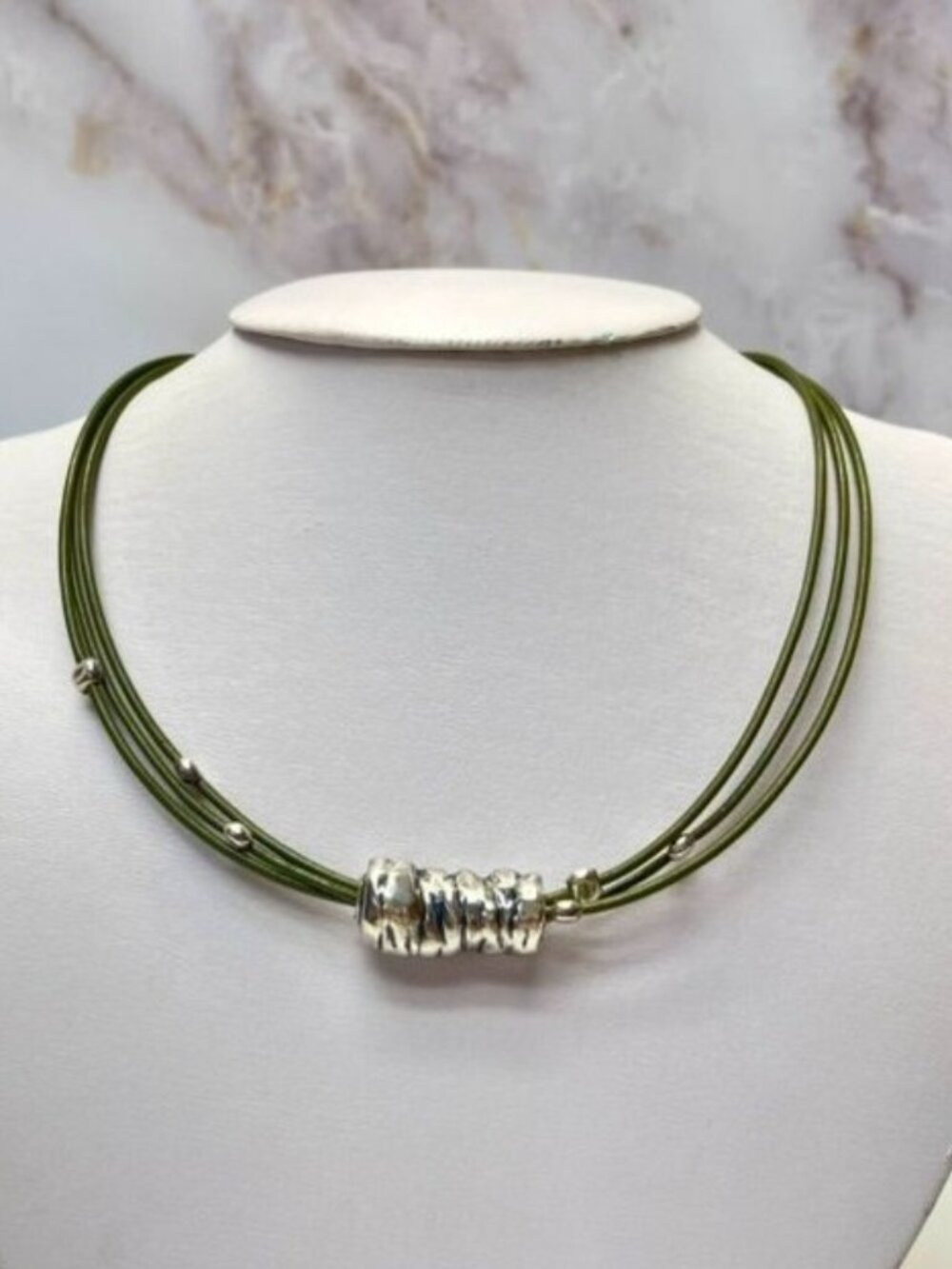 Silpada N1481 925 Sterling Silver Green Leather Triple Strand Necklace 17-19"